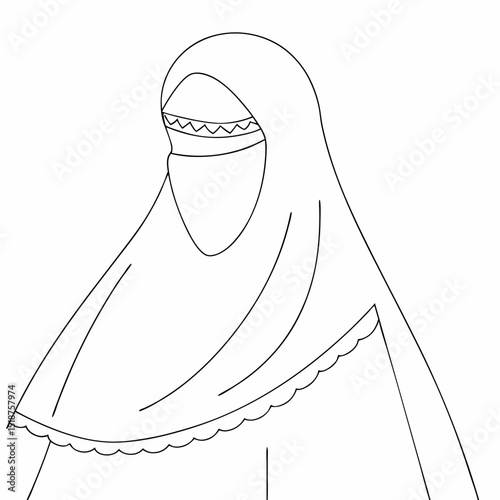 Niqab Muslim woman coloring page simple and minimal line art illustration on white background