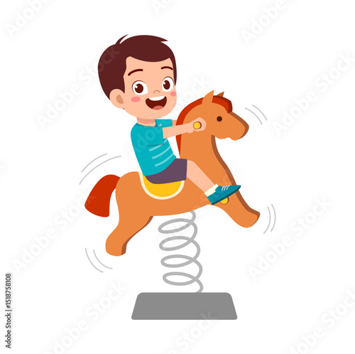 Happy boy riding a spring horse and smiling in a cartoon illustration.