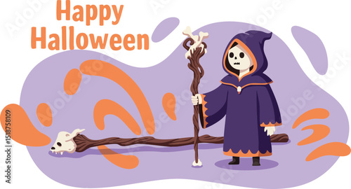 Halloween wizard in purple cloak holding skull staff with happy halloween text vector illustration 