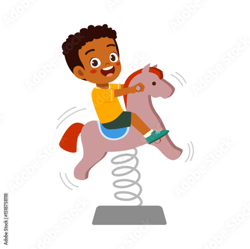 Happy African boy riding a spring horse with joyful expression and wearing a yellow t shirt