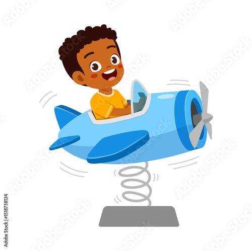 Happy African Boy Rides Blue Spring Airplane Amusement Park Ride, Cartoon Style