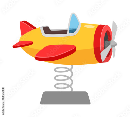 Illustration of a spring rider airplane toy with yellow body and red wings and propeller