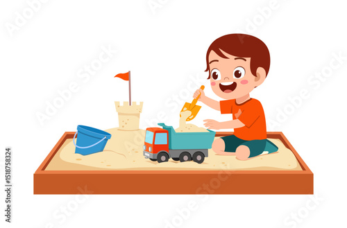 Happy Little Boy Playing with Sand and Toys in a Sandbox with Joyful Expression
