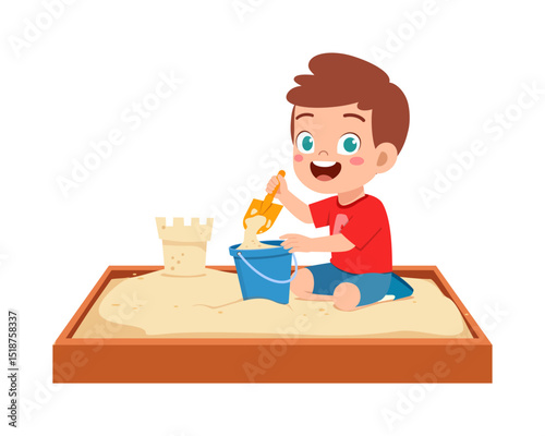 Happy Little Boy Playing in Sandbox, Enjoying Summer, Filling Bucket with Sand Smiling