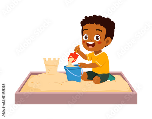 Happy African American boy playing in sandbox with bucket and shovel cartoon style