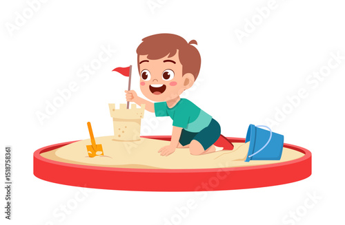 Happy Little Boy Building Sandcastle in Sandbox with Bucket and Shovel Illustration