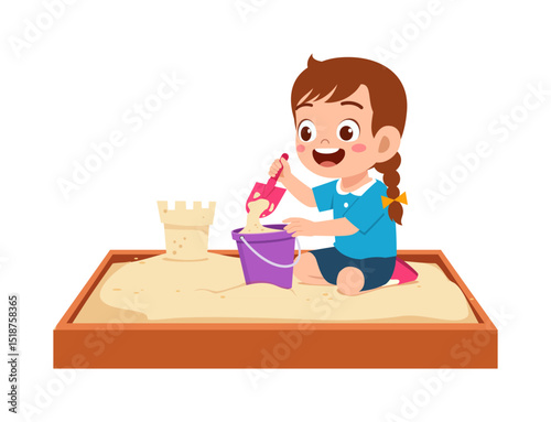 Happy Girl Playing in Sandbox with Bucket and Shovel Constructing Sandcastle Cartoon Illustration