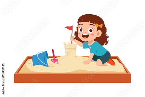 Happy Little Girl Building Sandcastle in Sandbox with Bucket and Shovel Illustration