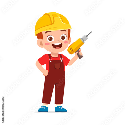 Happy Young Boy Wearing Hard Hat Holding Electric Drill Cartoon Illustration