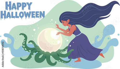 Woman casting magical spell with glowing orb on Halloween night vector illustration with dark blue dress and tentacles 