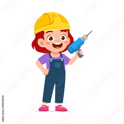 Happy girl holding power drill. A cute construction worker illustration.