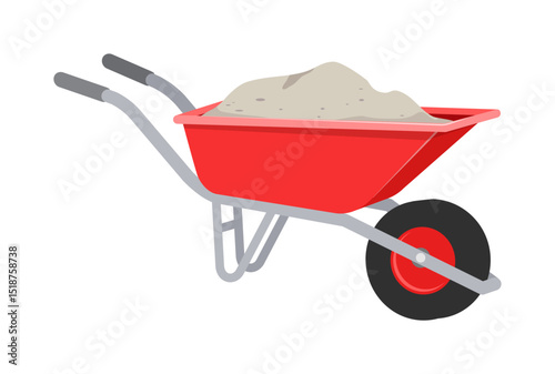 Red wheelbarrow filled with sand, isolated on white background, industry tools