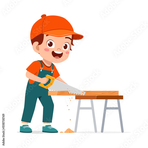 Smiling Boy Sawing Wood with Hand Saw Wearing Cap and Overalls in Cartoon Illustration Style