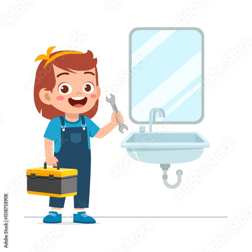 Happy girl holding wrench and toolbox next to sink and mirror, ready to do some repair work