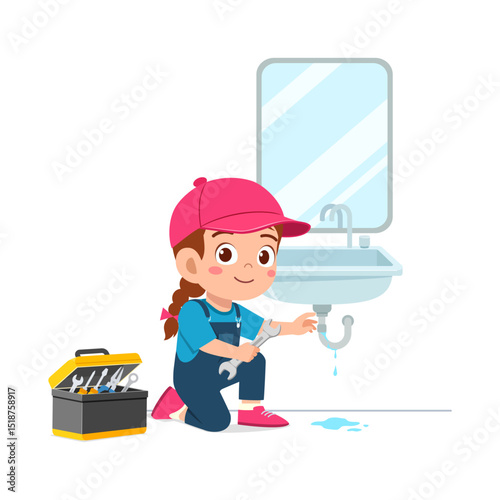 Young Caucasian Girl Fixing Sink with Wrench with Toolbox on the Side in Cartoon Illustration