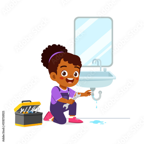 Happy African Girl Fixing Sink with Wrench and Toolbox, Plumbing Repair at Home, Illustration
