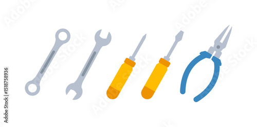 Collection of Wrenches, Screwdrivers, and Pliers Arranged on White Background