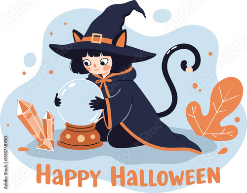 Cute black cat dressed as witch with magical crystals and cauldron for Halloween celebration vector illustration 