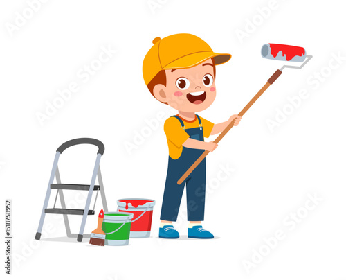 Happy Boy Painting with Roller Brush near Paint Buckets and Ladder with Joyful Expression