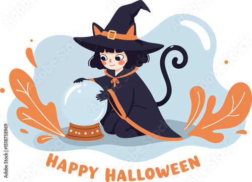 Halloween witch cat girl in black hat and cloak with broomstick celebrating autumn festival vector illustration 