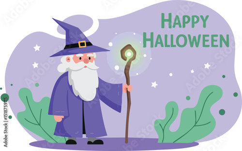 Wizard character in purple costume holding glowing staff with happy halloween text vector illustration 