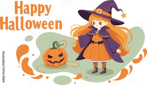 Halloween witch girl in orange dress with pumpkin and festive greeting vector illustration for celebration and costume party 