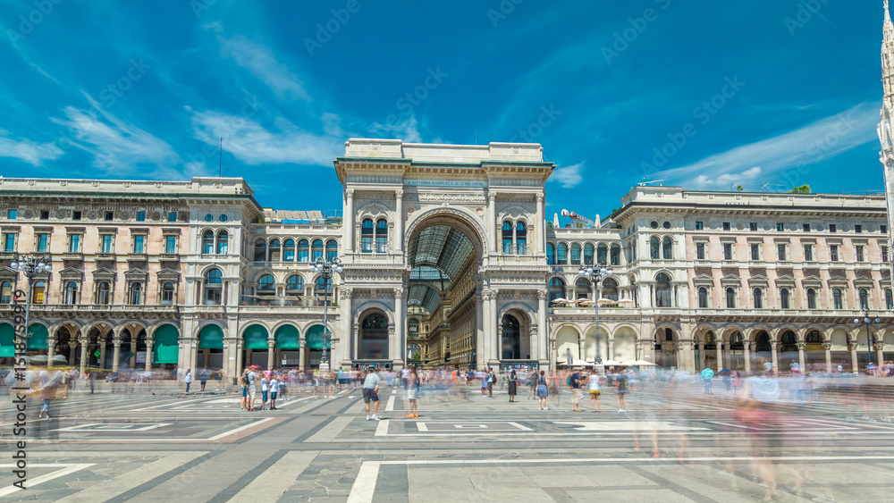 Fototapeta premium The Galleria Vittorio Emanuele II timelapse hyperlapse on the Piazza del Duomo Cathedral Square .