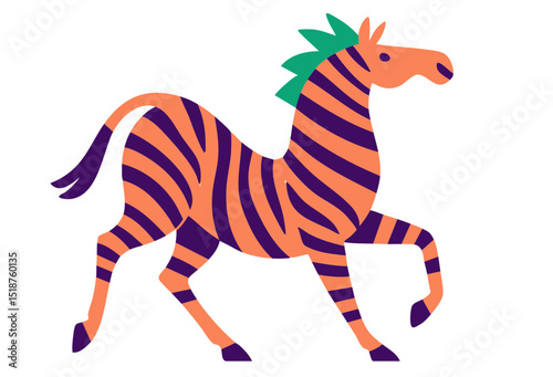 Zebra Strip illustration, colorful minimalist style, mid-century modern, childlike shapes, whimsical character design, no outlines, solid colors, stylized proportions
