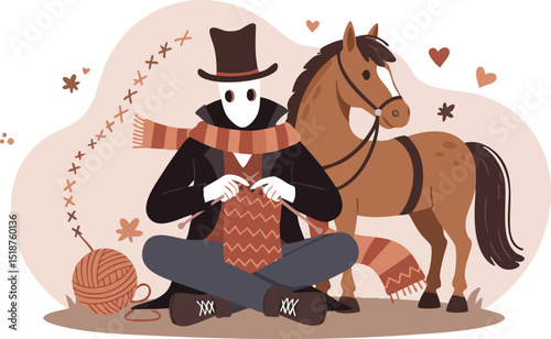 Plague doctor character knitting with yarn ball beside brown horse vector illustration in cozy autumn setting 