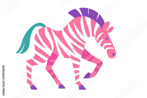 Zebra Strip illustration, colorful minimalist style, mid-century modern, childlike shapes, whimsical character design, no outlines, solid colors, stylized proportions