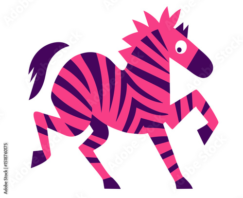 Zebra Strip illustration, colorful minimalist style, mid-century modern, childlike shapes, whimsical character design, no outlines, solid colors, stylized proportions