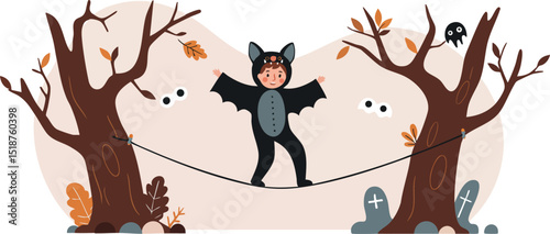 Child in bat costume tightrope walking between spooky trees with autumn leaves and Halloween decorations vector illustration 