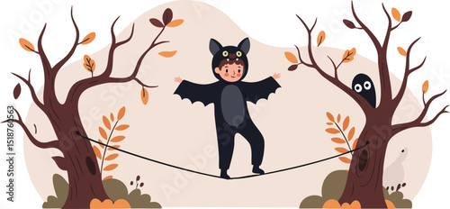Child dressed as bat balancing on tightrope between autumn trees with owl watching playful halloween scene 