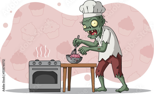 Zombie Chef Preparing Food in Kitchen Illustration with Oven and Cooking Utensils 