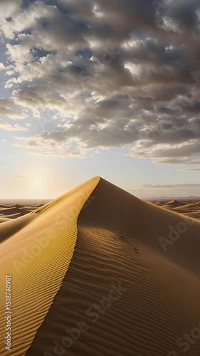 Golden Sand Dune with Dramatic Shadows in Desert Landscape at Sunset