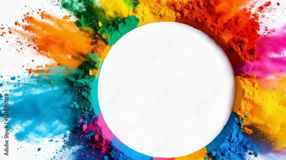 Vibrant Holi powder explosion with bright colors framing a white circular space for text or design, creating a dynamic and festive backdrop.