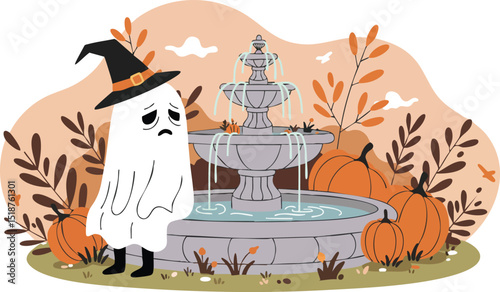 Ghost character in witch hat near fountain with autumn pumpkins and leaves vector illustration 
