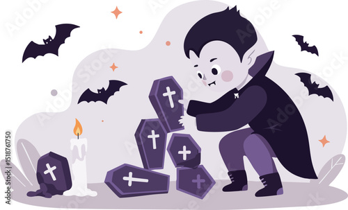 Cute vampire character stacking coffins with bats flying in cartoon Halloween scene vector illustration 