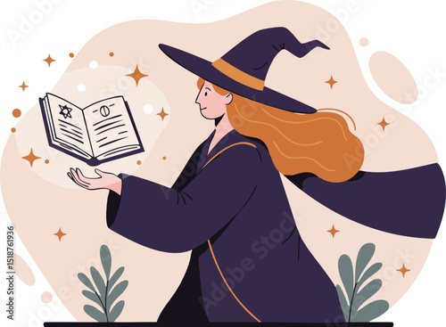 Witch casting magic spell with open book in hand wearing black robe and hat vector illustration 