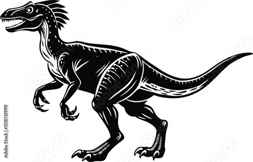 Black and White Velociraptor Vector Illustration, Aggressive Dinosaur Silhouette Design