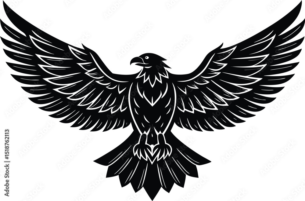 Obraz premium Black and White Vector Illustration of Flying Eagle with Spread Wings