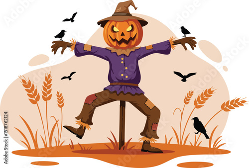 Halloween scarecrow with pumpkin head and flying crows in autumn field illustration in warm colours 
