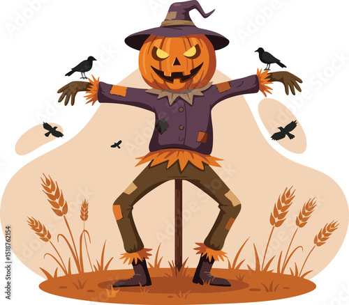 Scarecrow with pumpkin head wearing purple shirt and brown pants with crows on arms in autumn field vector illustration 