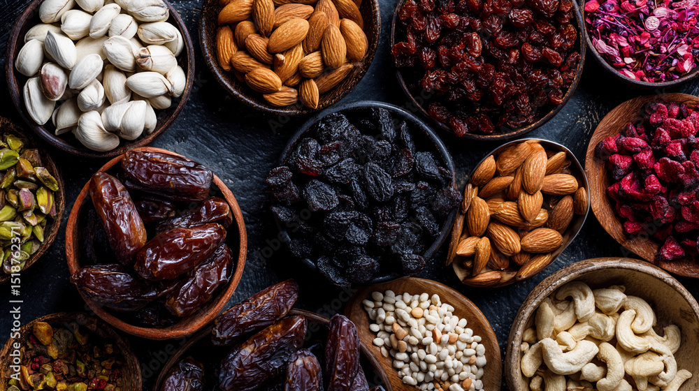 Obraz premium Vibrant dried fruits and nuts from a local market