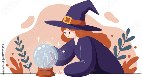 Witch with crystal ball predicting future in magical setting with plants and mystical atmosphere vector illustration 