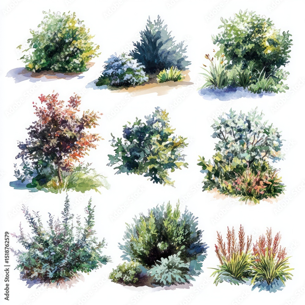 Fototapeta premium A Watercolor Collection of Diverse Green Shrubs and Trees