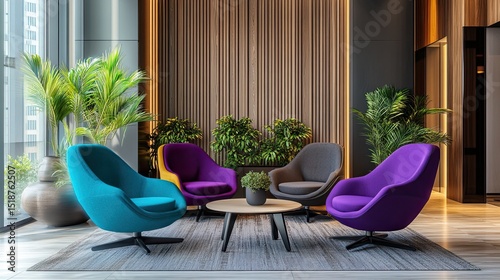 Generative AI lounge interior with turquoise and purple armchairs, wooden walls, and laminated flooring. 
