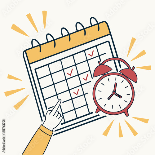 Schedule and time management concept illustrated with a calendar and alarm clock, highlighting tasks completed and upcoming deadlines