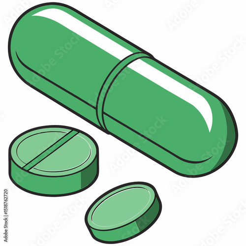 Green capsule and tablet, medical illustration