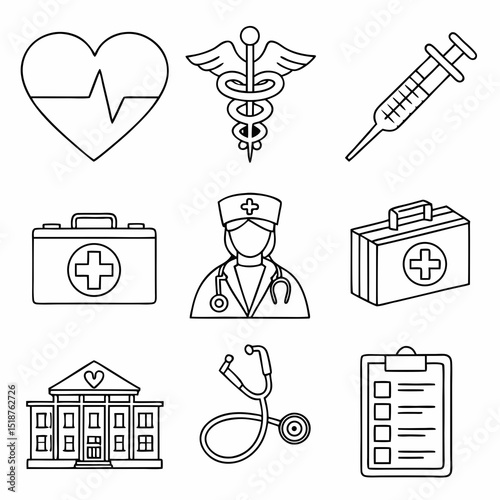 Medical icons heart, caduceus, syringe, first-aid kit, and nurse